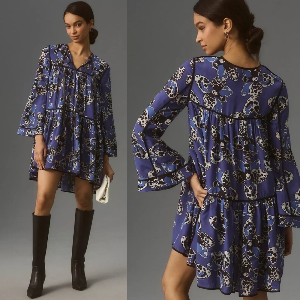 Anthropologie Dhruv Kapoor long-sleeve printed babydoll mini dress - Picture 1 of 9